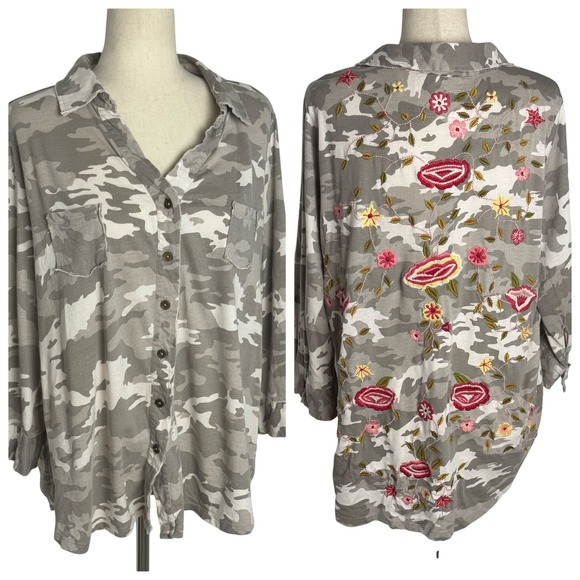 Caite Tops - Caite Womens XL Camo Floral Embroidered Button Down Roll Tab Sleeve Shirt Grey